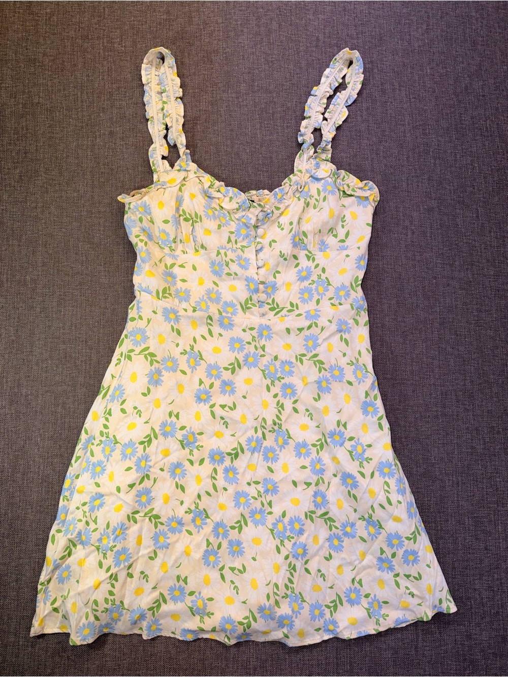 Zara White Floral Summer Dress with Blue and Yellow Daisies Small Mini